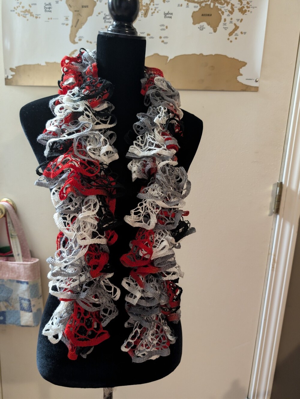 Handmade Ruffle Scarf Red Black White Gray - UGA Bulldogs Game Day Crochet